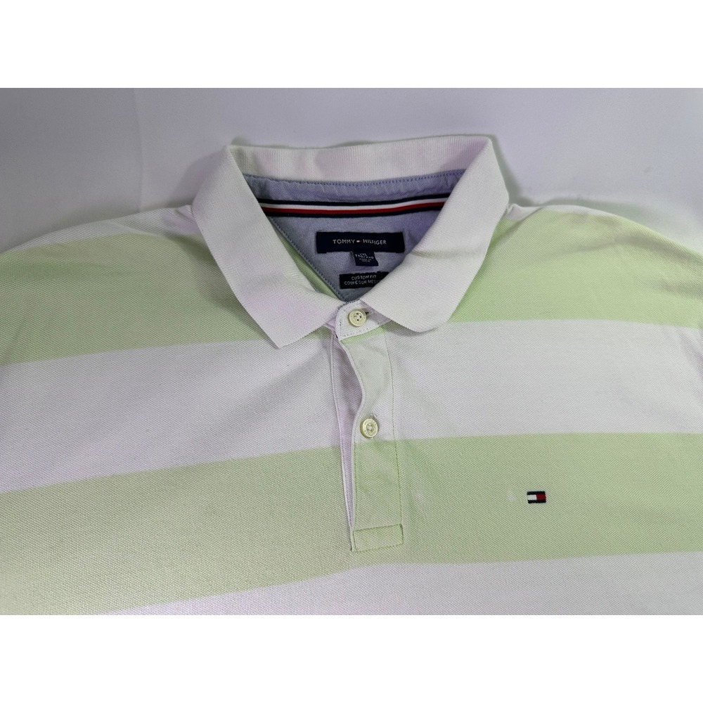 Tommy Hilfiger 2XL Polo Shirt Custom Fit Green White Rugby Stripe Preppy Cotton